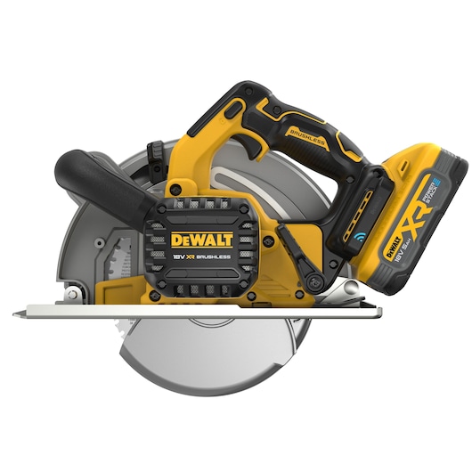 DEWALT 18V cordless brushless circular saw with yellow and black design, side handle, and battery attached.