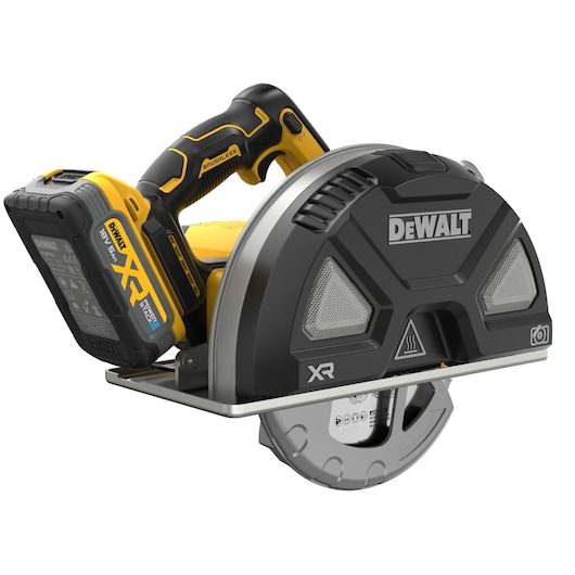 DEWALT cordless brushless metal cutting saw with protective blade cover and XR battery pack.