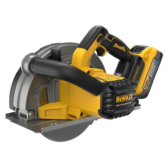 DEWALT cordless circular saw with brushless motor and PowerStack 18V battery, yellow and black design.