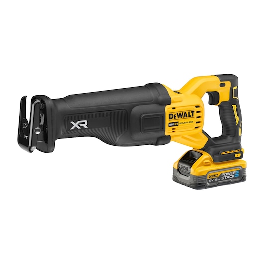 A DEWALT cordless reciprocating saw with a yellow and black design, featuring an XR brushless motor and a POWERSTACK 18V battery.