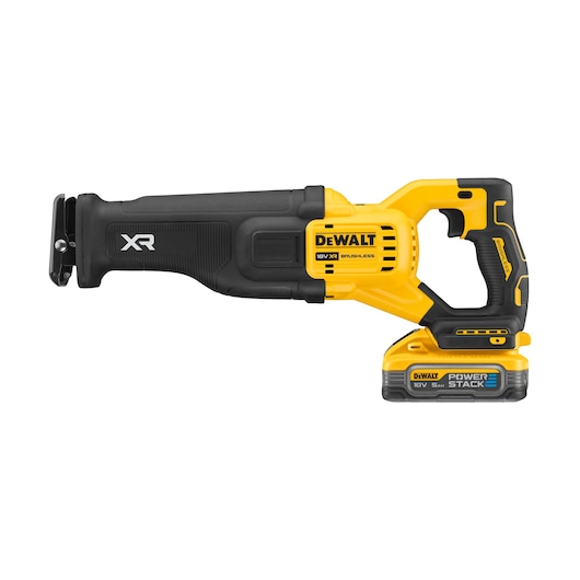 A DEWALT XR 18V cordless reciprocating saw with brushless motor, shown with a POWERSTACK battery attached. The tool features a black and yellow ergonomic design.