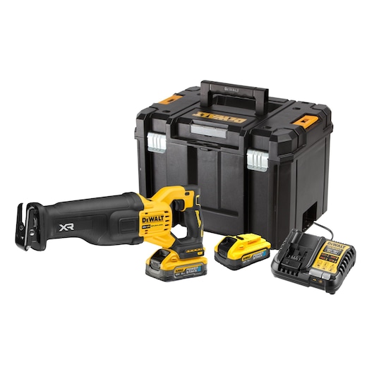 DEWALT cordless reciprocating saw kit, including a yellow and black saw, two battery packs, a charger, and a robust carrying case.