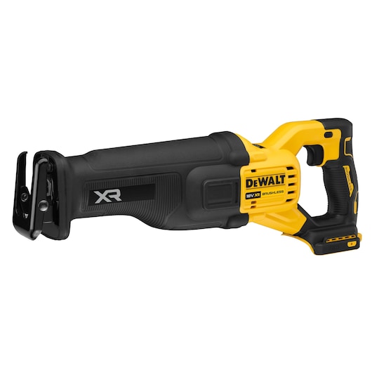 DEWALT cordless reciprocating saw, yellow and black, XR brushless, without battery attached.