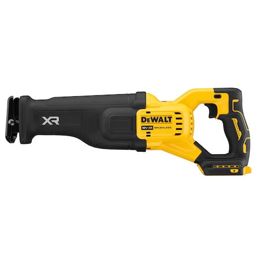 DEWALT 18V XR cordless reciprocating saw with brushless motor, yellow and black body, side profile.