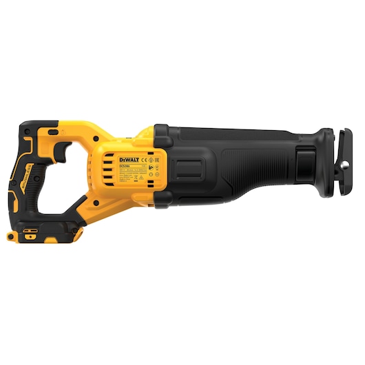 DEWALT DCS386NT cordless reciprocating saw with yellow and black design, shown from the side.