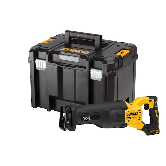 DEWALT cordless reciprocating saw with a carrying case, black and yellow, shown against a white background.