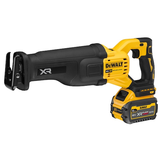 DEWALT cordless reciprocating saw with black and yellow body and XR FlexVolt battery pack.