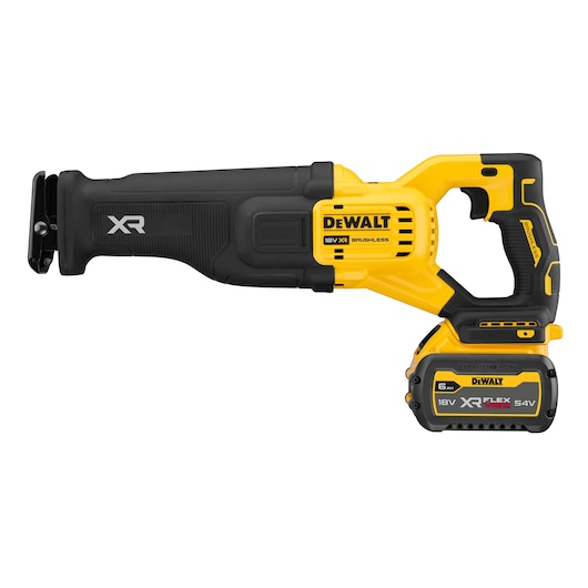 DEWALT XR cordless reciprocating saw with battery, yellow and black, side view, model DCS386T1.