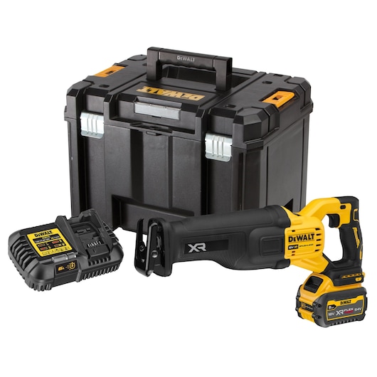 DEWALT cordless reciprocating saw kit with case, battery, and charger, shown in black and yellow.