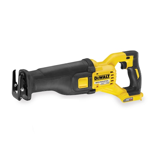 DEWALT DCS388N cordless reciprocating saw with yellow and black body, grip handle, and blade attachment.