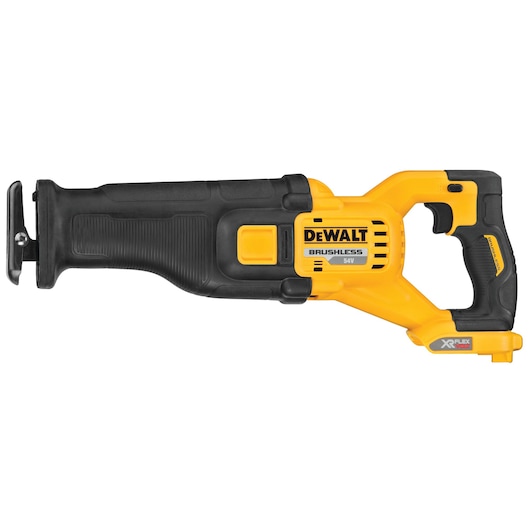 DEWALT 54V cordless reciprocating saw with black and yellow design, brushless motor, visible handle.