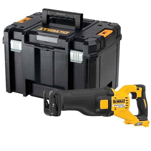 DEWALT cordless reciprocating saw and black storage case shown side by side.