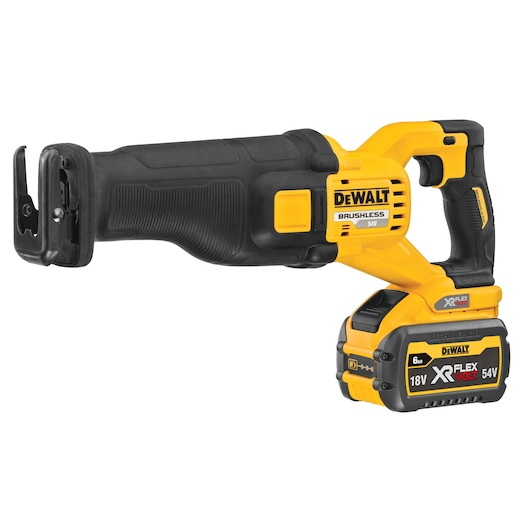 DEWALT cordless reciprocating saw with XR FLEXVOLT battery, yellow and black, model DCS389T2.