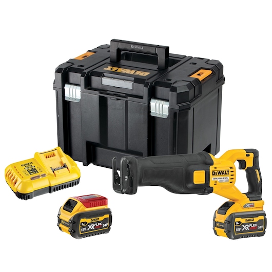 DEWALT reciprocating saw kit with tool box, charger, and two XR FlexVolt batteries displayed on white.