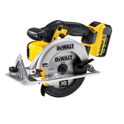 DEWALT 18V cordless circular saw with battery, ergonomic handle, and silver blade guard.