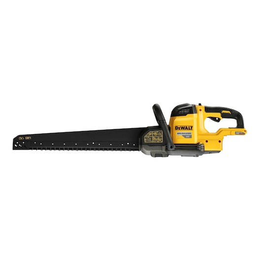 DEWALT cordless masonry saw with long black blade and yellow body, suitable for cutting construction materials.