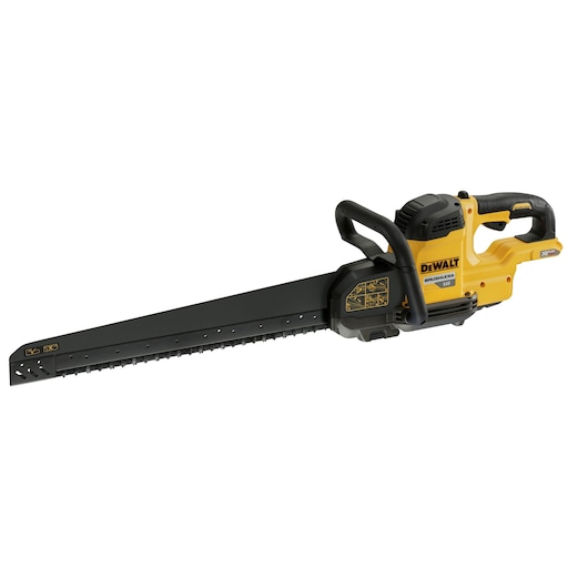 DEWALT yellow cordless brushless saw DCS397N with long blade, ergonomic handle, and robust design.