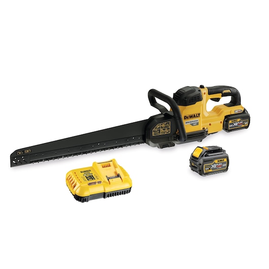 DEWALT battery-powered saw with charger and two XR FLEXVOLT batteries displayed on a white background.