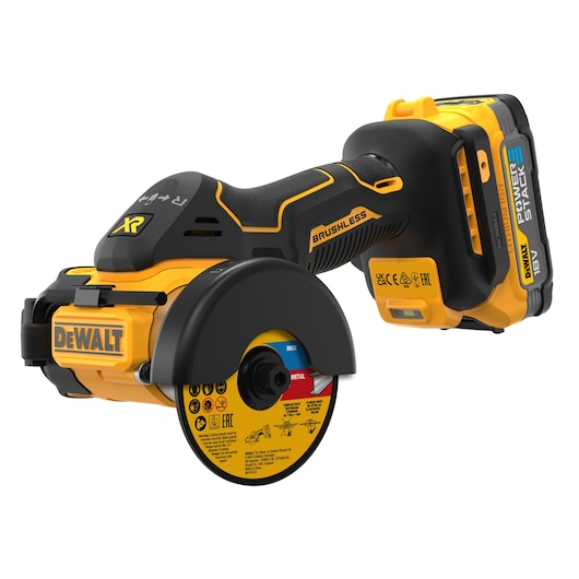 A DEWALT cordless brushless cut-off tool with a Powerstack 18V battery, featuring a protective guard and a round cutting disc labeled for metal and other materials.