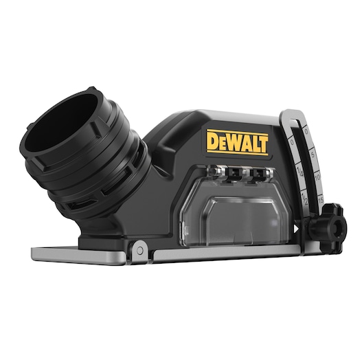 A close-up image of a DEWALT branded black and silver power tool accessory. The accessory features a round connector, adjustment dial with marked measurements, and a transparent compartment.