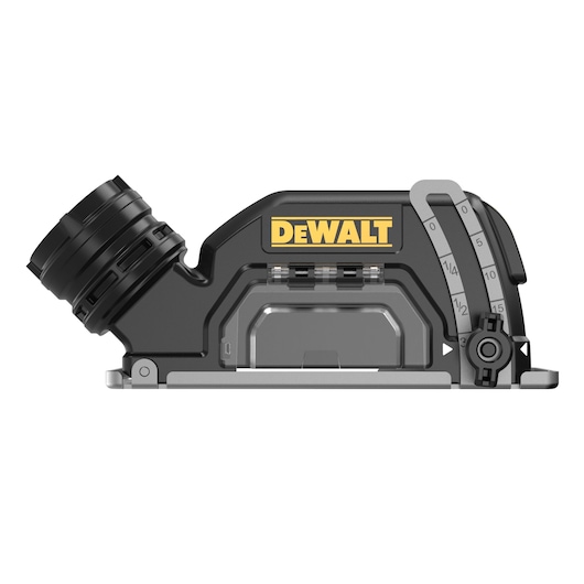 Side view of a DEWALT DCS438E2T power tool accessory, featuring a black and silver design with a yellow DEWALT logo and adjustment dial.