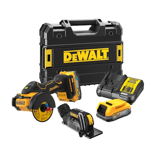 DEWALT power tool set including an angle grinder, compact battery, charger, accessory, and a black carrying case with yellow DEWALT branding, displayed on a white background.