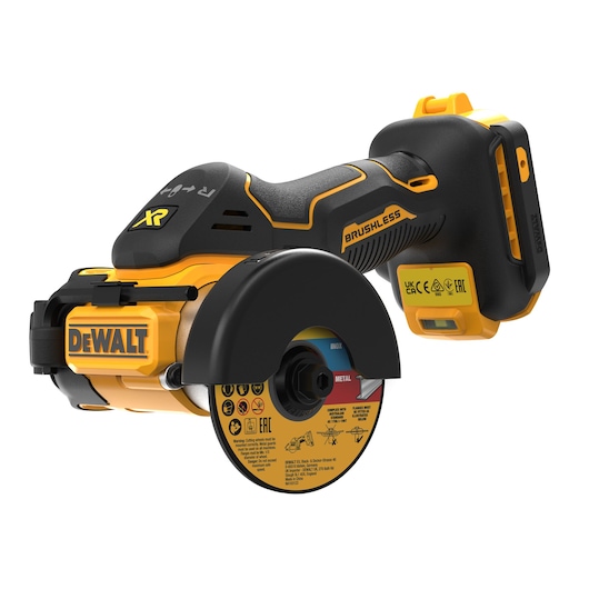 DEWALT DCS438N brushless cordless cut-off tool with a protective guard and DEWALT branding, shown with a metal cutting disc.