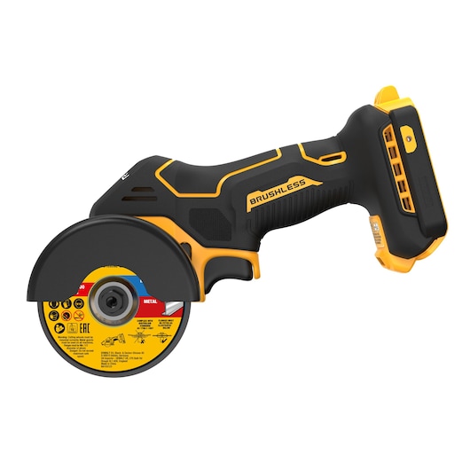 A DEWALT cordless brushless angle grinder with a yellow and black design, featuring a protective guard around the cutting disc.