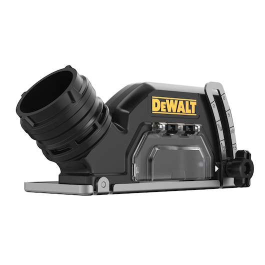 A close-up image of a DEWALT branded power tool accessory, specifically a dust extraction attachment, featuring a black and transparent design with a measurement gauge and connector.