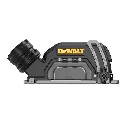 A DEWALT branded power tool accessory, DCS438N model, featuring a black and yellow design with measurement markings and a dust extraction port.
