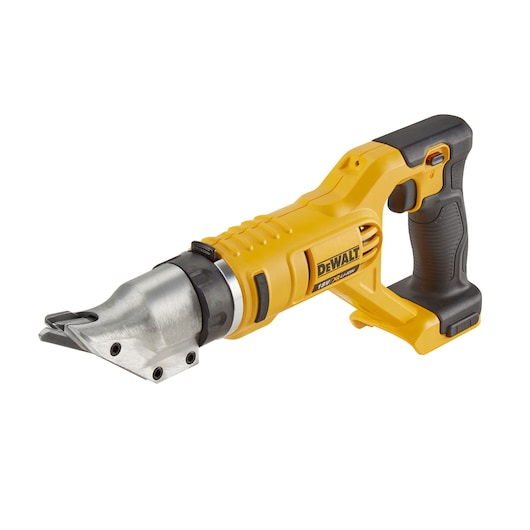 DEWALT cordless metal shear in yellow and black, shown on a white background.