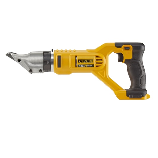 DEWALT DCS491NT cordless metal shear tool, yellow and black, shown on a white background.