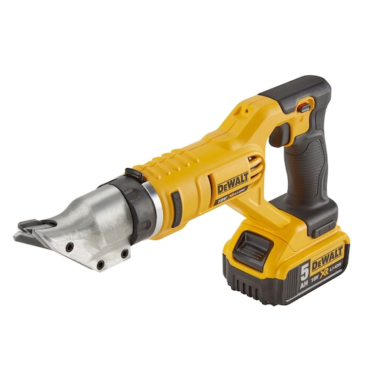 DEWALT cordless metal shear tool with a yellow and black body, shown with battery attached.