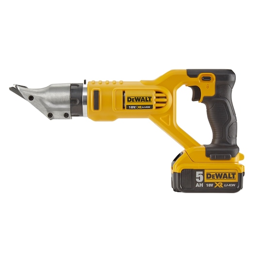 DEWALT 18V cordless metal shear with black and yellow design and ergonomic handle.