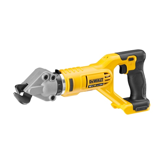 Cordless DEWALT metal shear tool with ergonomic handle and yellow body, shown on a white background.