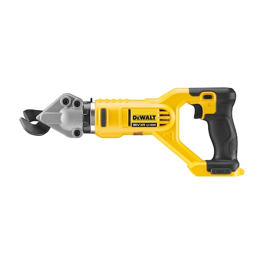 DEWALT cordless metal shear tool, yellow and black, shown side view on white background.