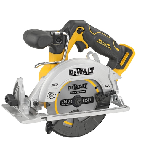 DEWALT cordless circular saw, compact 12V model, with ergonomic handle and construction blade.
