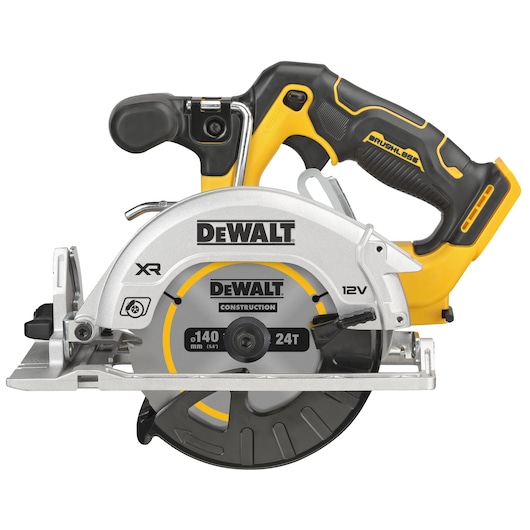 DEWALT 12V cordless circular saw with yellow and black handle and silver blade guard.