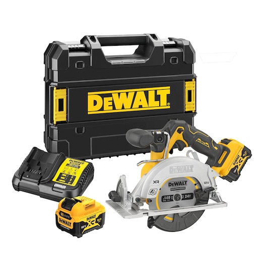 DEWALT cordless circular saw kit including a black and yellow carrying case, a circular saw, a battery charger, and two rechargeable batteries.