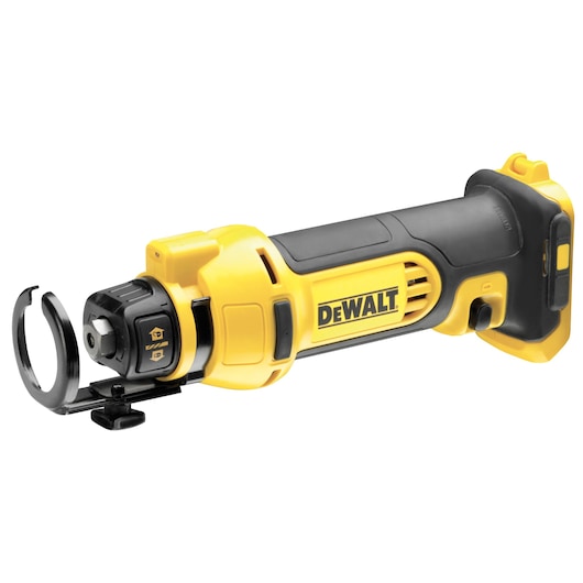 DEWALT cordless rotary tool, yellow and black, with open guard and ergonomic handle.
