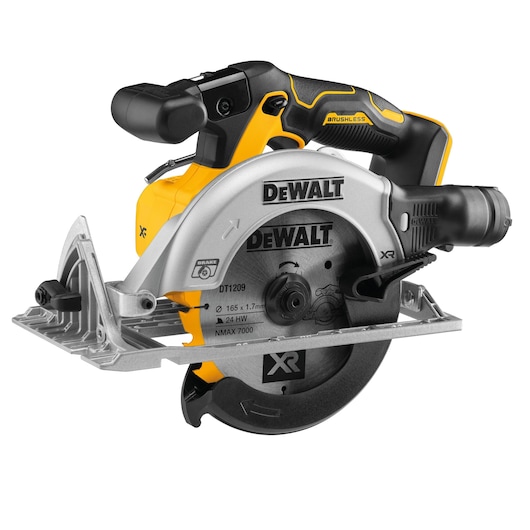 DEWALT cordless saw, product photography, SKUs DCS565NT-XJ, DCS565NT. Yellow and black power tool shown.