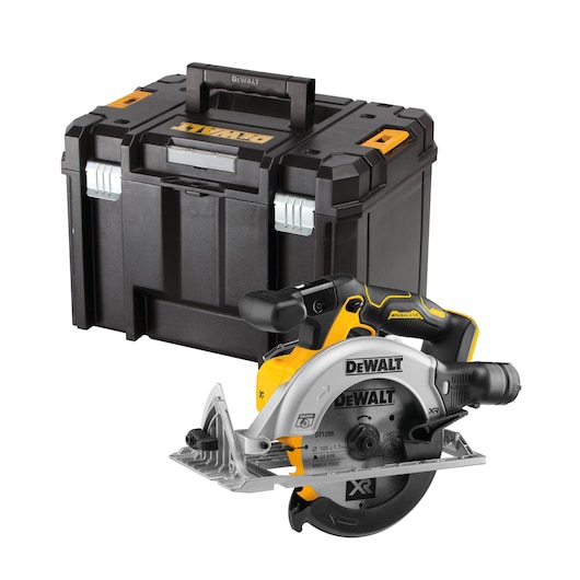 DEWALT cordless circular saw with carrying case, black and yellow, shown side by side on white background.
