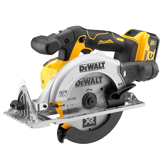 DEWALT cordless circular saw with brushless motor, yellow and black design, shown from the side.