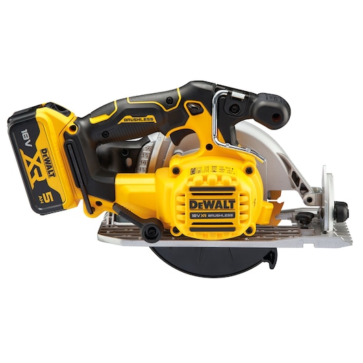 DEWALT DCS565P2 18V cordless circular saw with brushless motor and yellow-black design, side profile view.