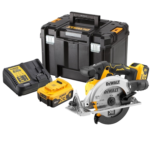 DEWALT cordless circular saw kit with blade, battery, charger, and tough storage case.