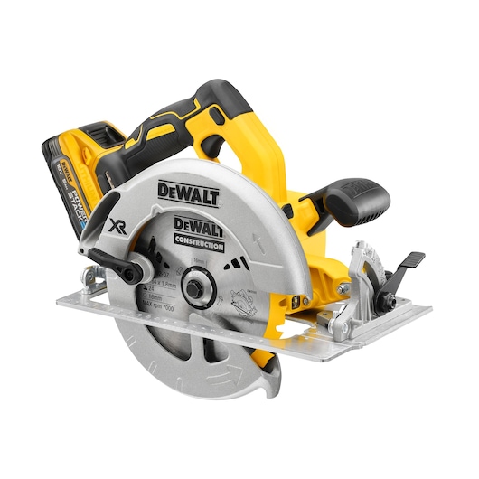 A DEWALT cordless circular saw with a yellow and black handle, featuring a metal blade and construction markings.