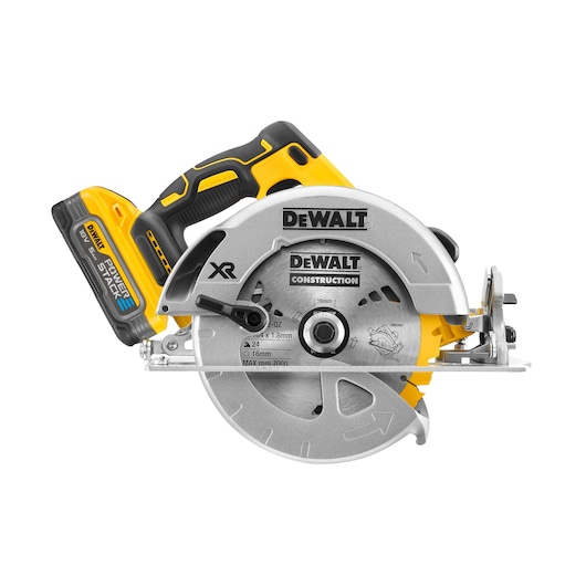 A DEWALT cordless circular saw, featuring a yellow and black ergonomic handle and a blade labeled with DEWALT branding. The saw includes a Power Stack battery and is designed for construction work.