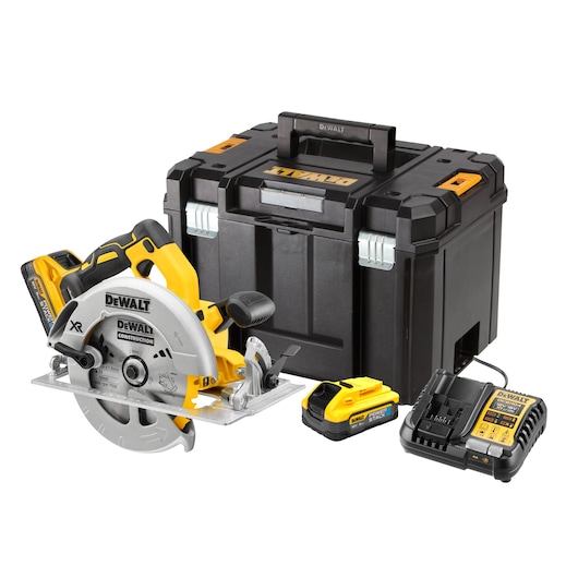 A DEWALT cordless circular saw kit is shown, including a yellow and black circular saw, two battery packs, a battery charger, and a sturdy black carrying case.
