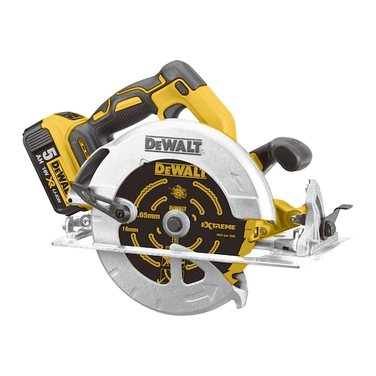 A DEWALT cordless circular saw with a visible 18V lithium-ion XR battery and a 65mm blade, designed for woodworking and construction tasks.
