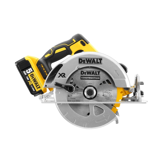 Cordless DEWALT circular saw with 18V XR Lithium-ion battery, silver blade guard, and ergonomic handle.